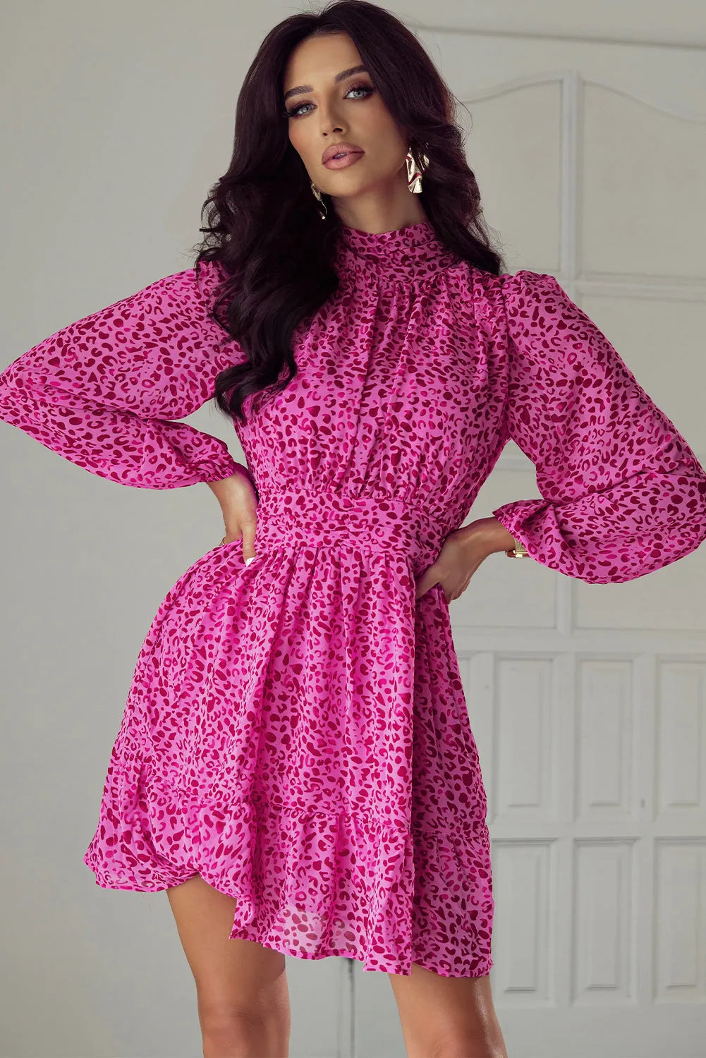 Rose Leopard Puff Sleeve Knotted High Neck Ruffle Dress - Chic Meadow Boutique 