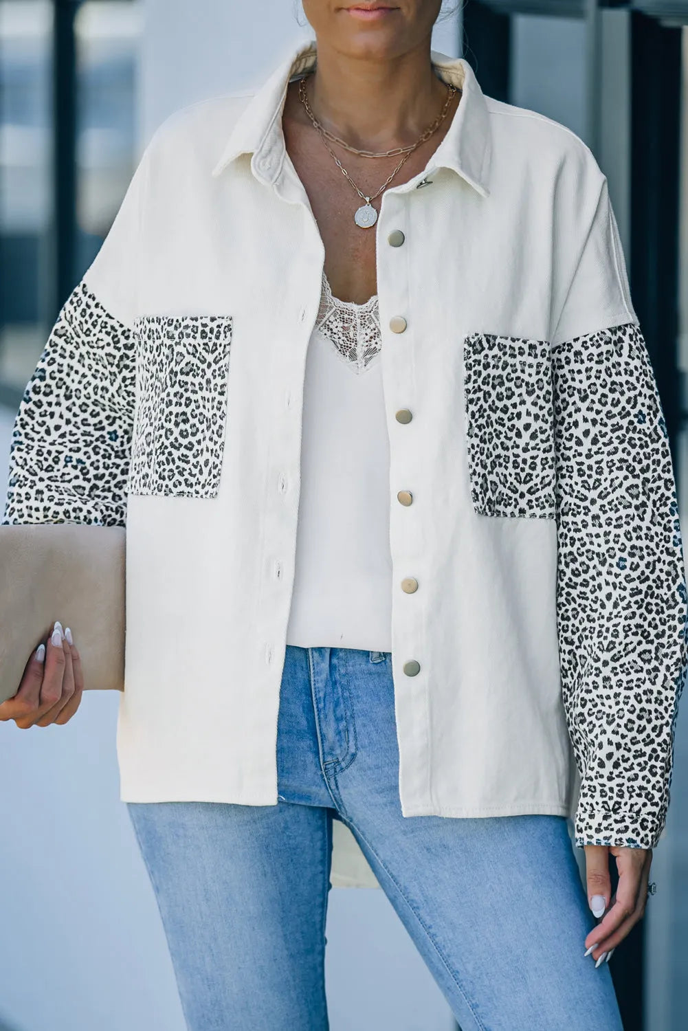 White Contrast Leopard Denim Jacket - Chic Meadow Boutique 