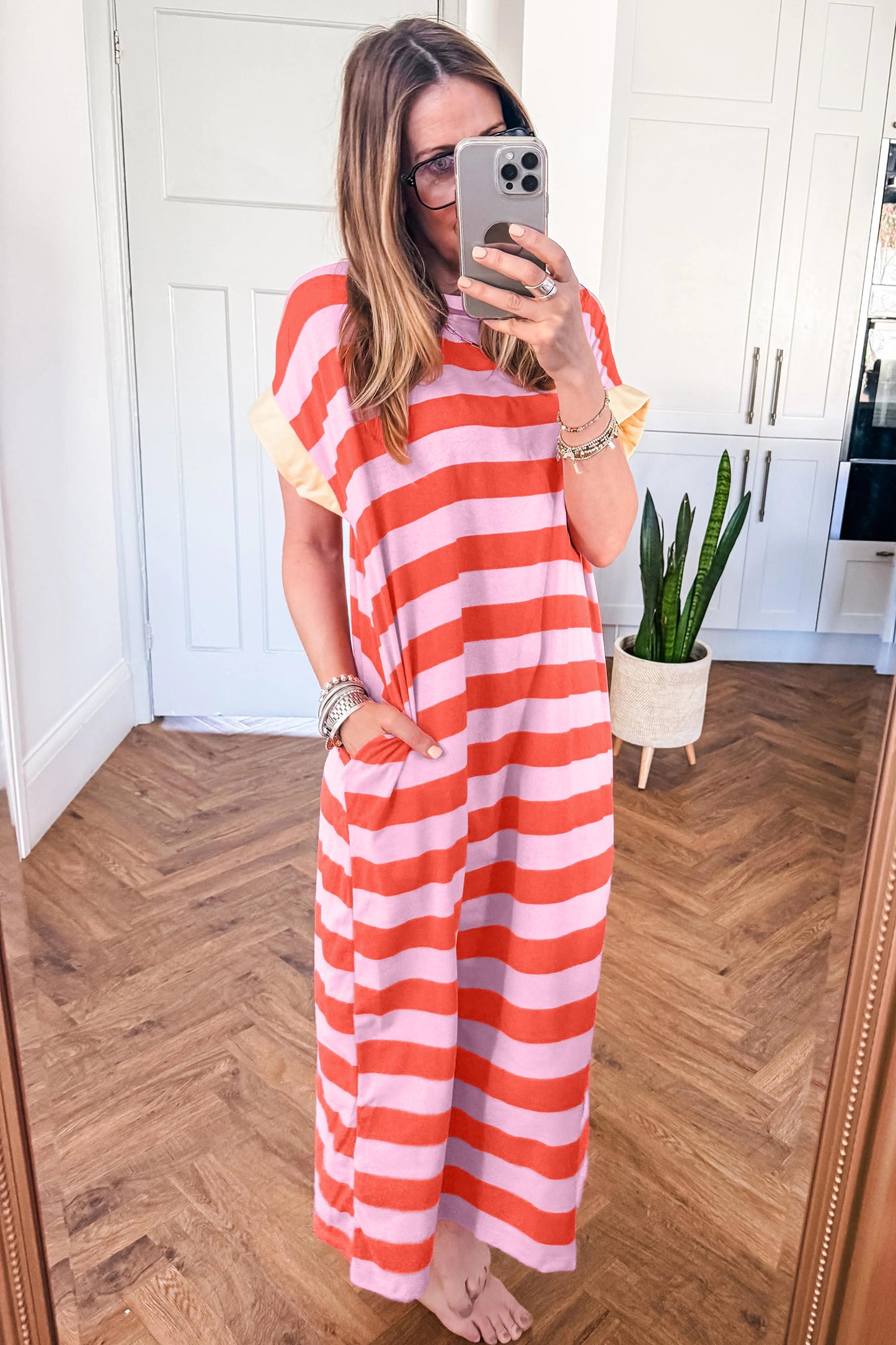 Orange Stripe Cuffed Short Sleeve Pocketed Casual T Shirt Long Dress