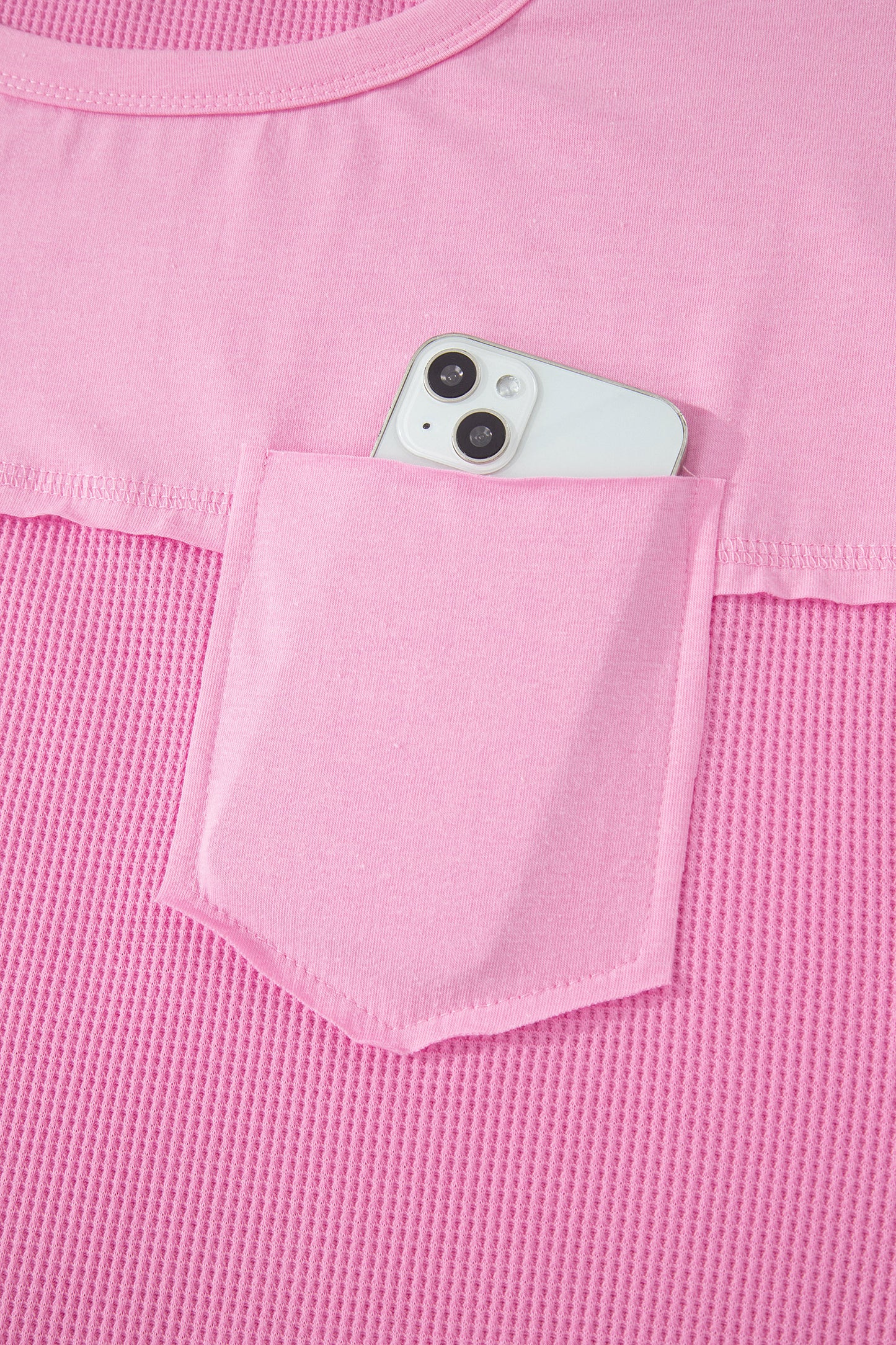 Pink Solid Color Raw Seam Waffled Patchwork Casual T Shirt
