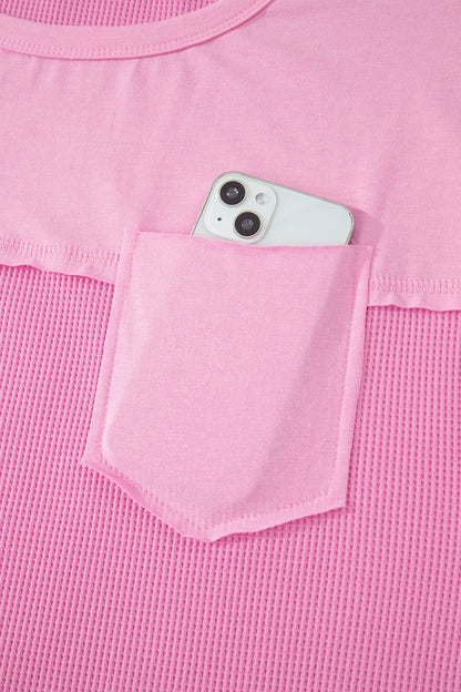 Pink Solid Color Raw Seam Waffled Patchwork Casual T Shirt