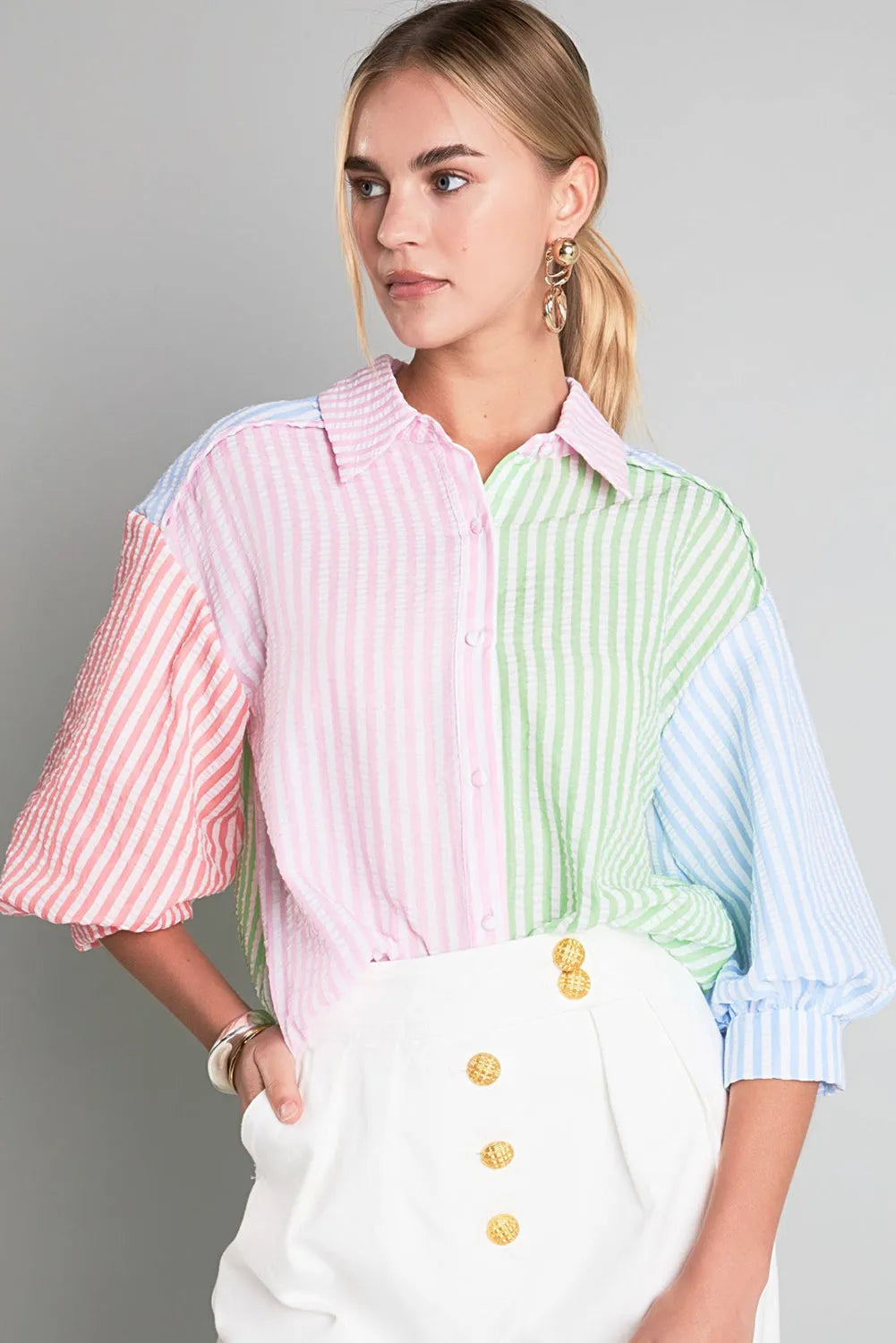 Pink Stripe Color Block Balloon Sleeve Buttoned Loose Fit Shirt - Chic Meadow Boutique 