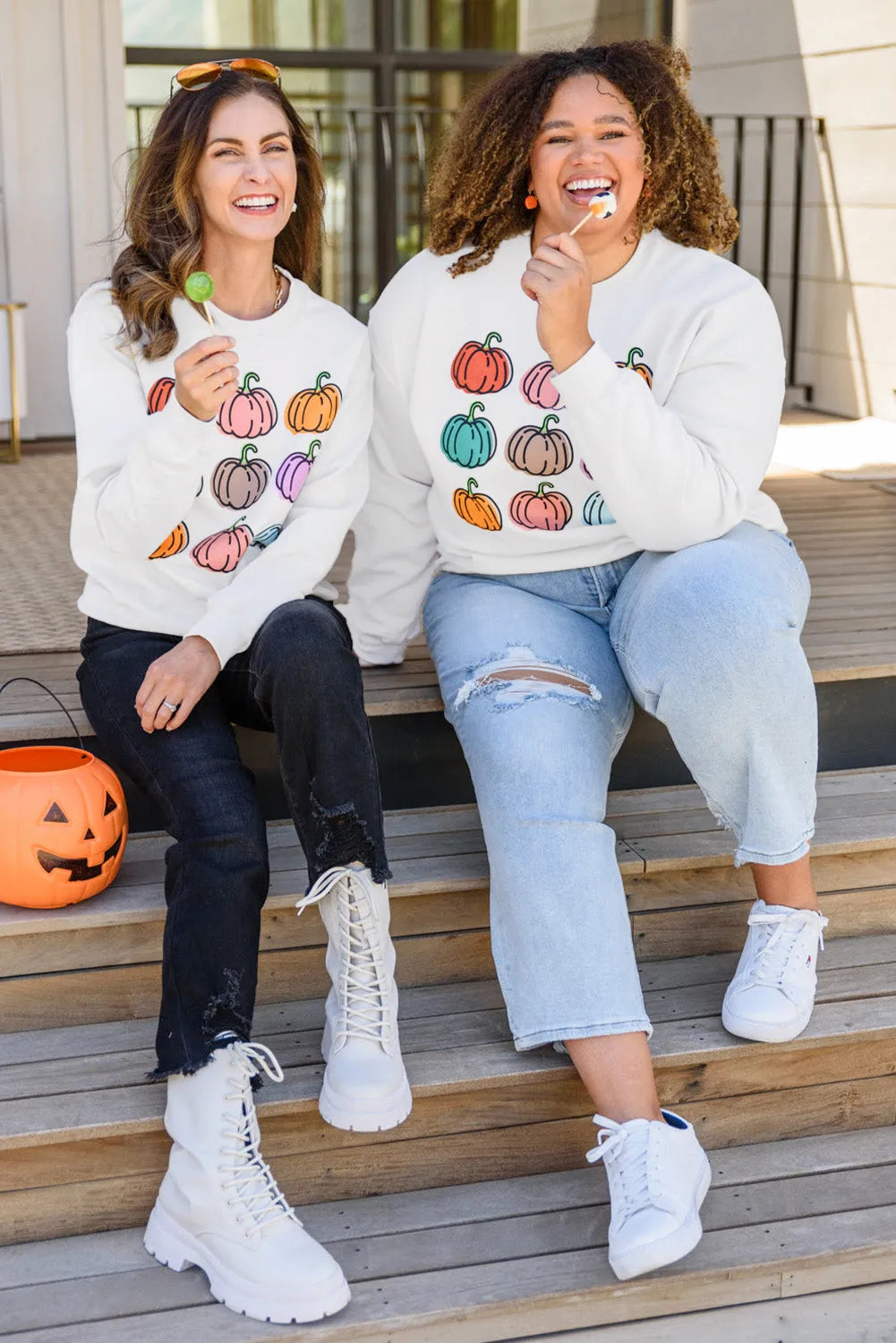 Beige Vibrant Pumpkins Print Crew Neck Halloween Sweatshirt - Chic Meadow Boutique 