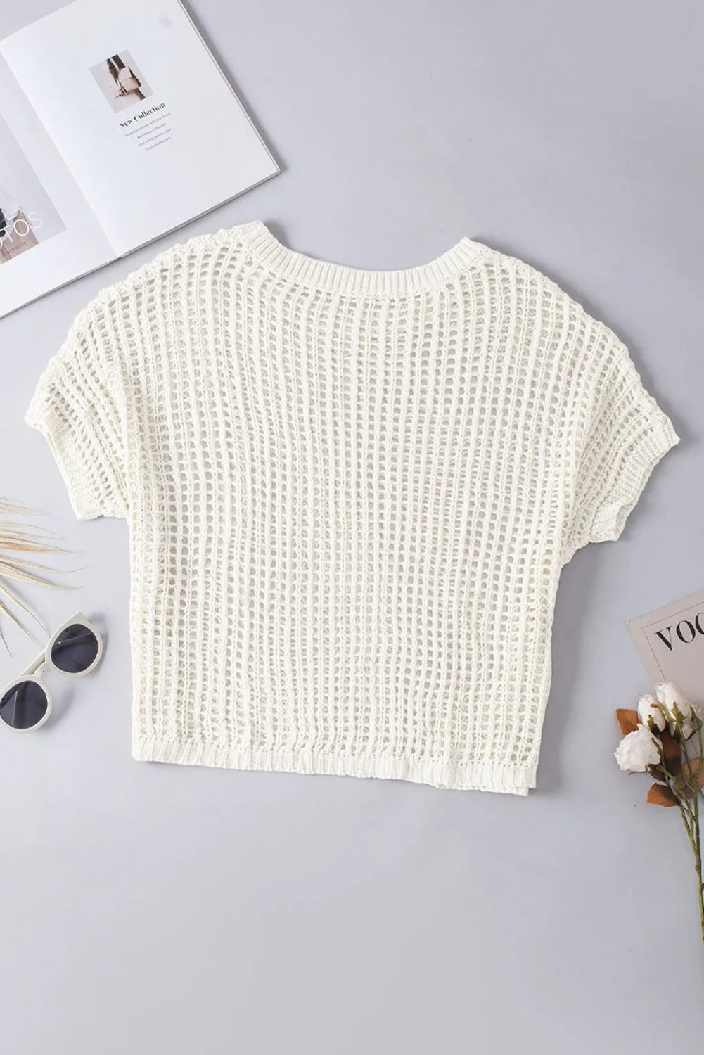 Whit Fishnet Knit Ribbed Round Neck Short Sleeve Sweater Tee - Chic Meadow Boutique 