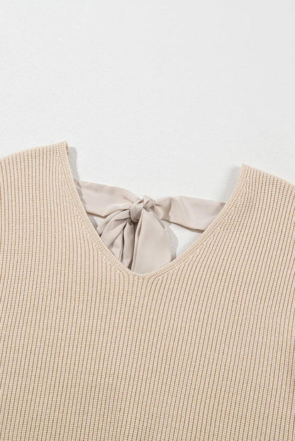 Sweaters & Cardigans/Sweaters Apricot Lantern Sleeve V Neck Knot Back Sweater