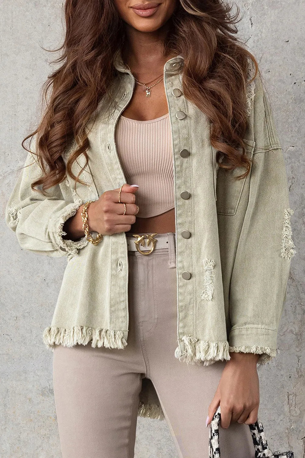 Green Distressed Fringe Trim Denim Jacket - Chic Meadow Boutique 