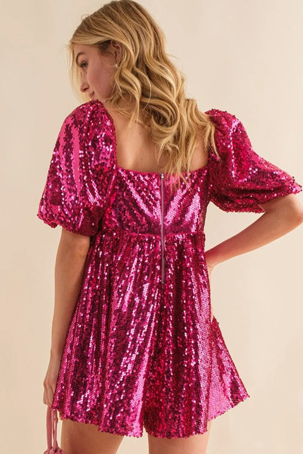 Rose Red Short Puff Sleeve Sequin Babydoll Romper - Chic Meadow Boutique 