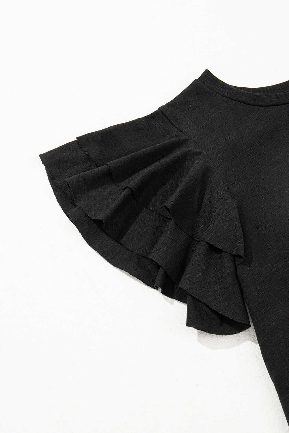 Black Layered Ruffle Short Sleeve Round Neck Top