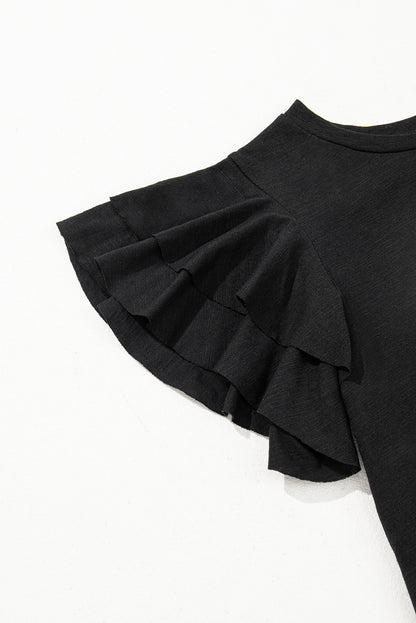 Black Layered Ruffle Short Sleeve Round Neck Top