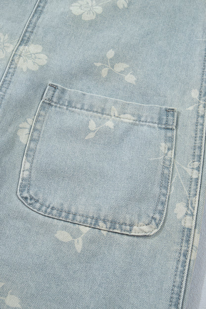 Sky Blue Retro Wash Denim Floral Print Overall Mini Dress