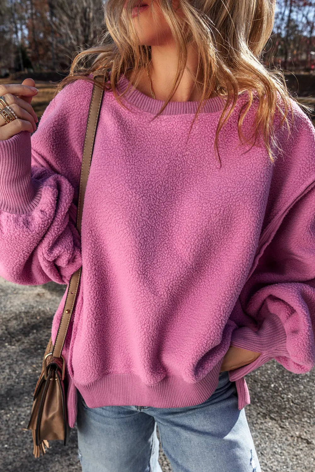 Bright Pink Sherpa Seamed Drop Shoulder Oversized Sweatshirt - Chic Meadow Boutique 