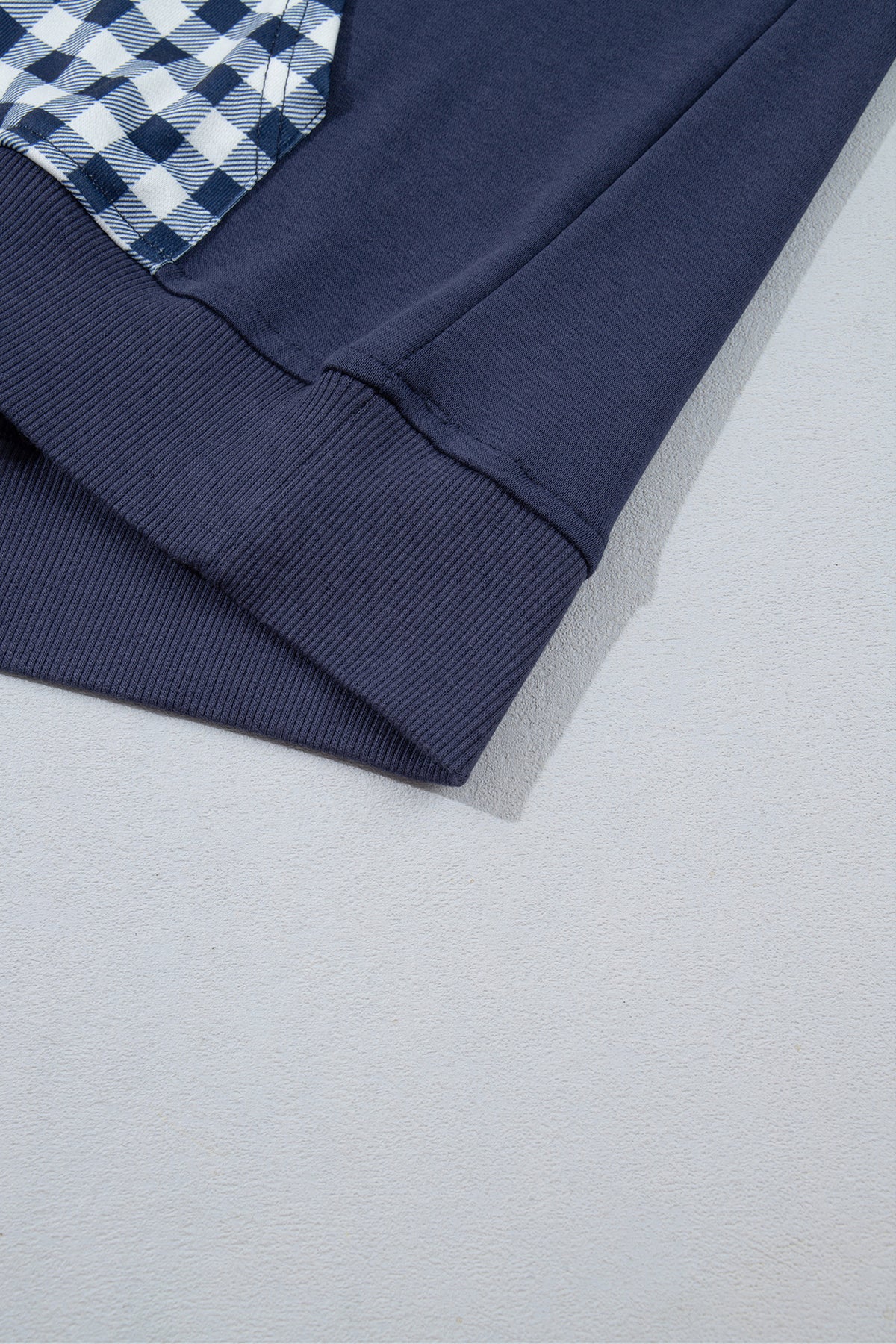 Navy Blue Patchwork Plaid Pocket Quarter Zip Sweatshirt