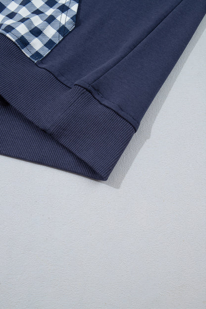 Navy Blue Patchwork Plaid Pocket Quarter Zip Sweatshirt