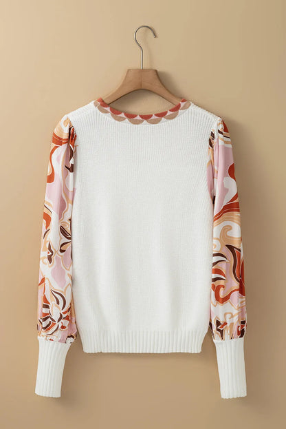 White Floral Patch Bishop Sleeve Sweater - Chic Meadow Boutique 