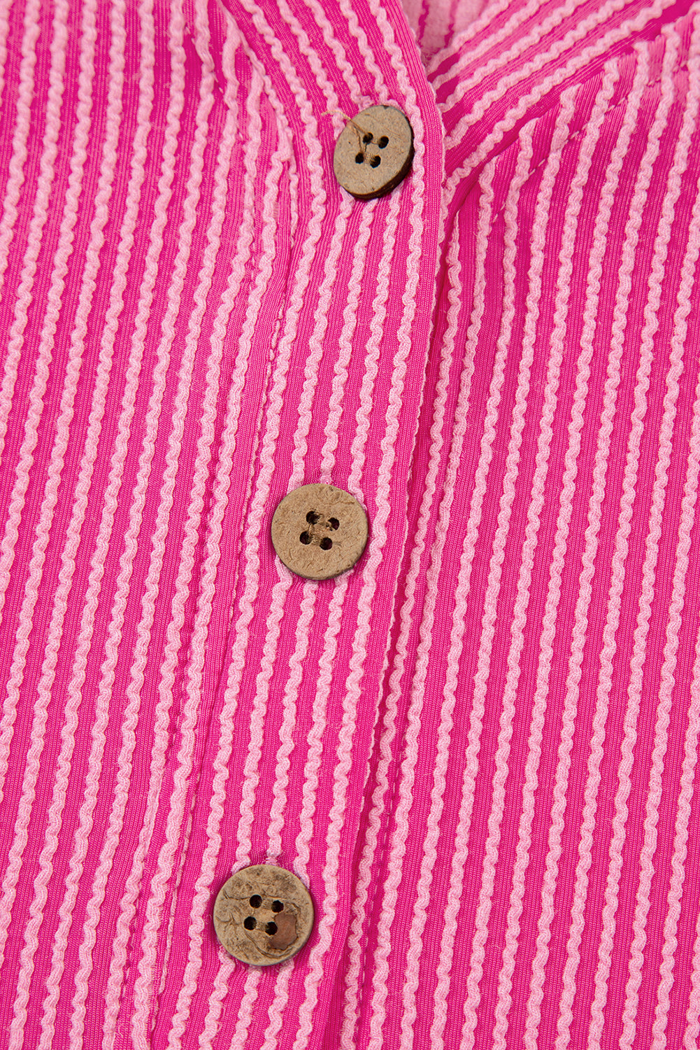 Bright Pink Spiral Ribbed Short Sleeve V Neck Buttoned Romper with Pocket