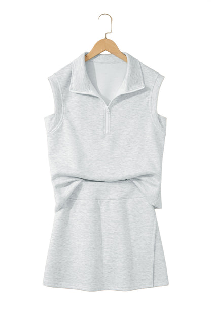 Light Grey Solid Color Sleeveless Zipper Tank and Skort Set