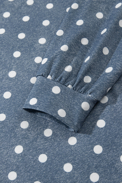 Gray Polka Dot Long Sleeve Top Drawstring Shorts Loose 2pcs Set