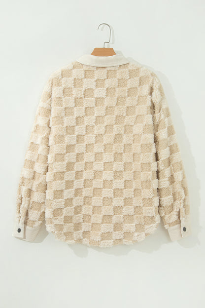 Khaki Plush Checkered Corduroy Trim Metal Button Long Sleeve Shift Silhouette Shacket