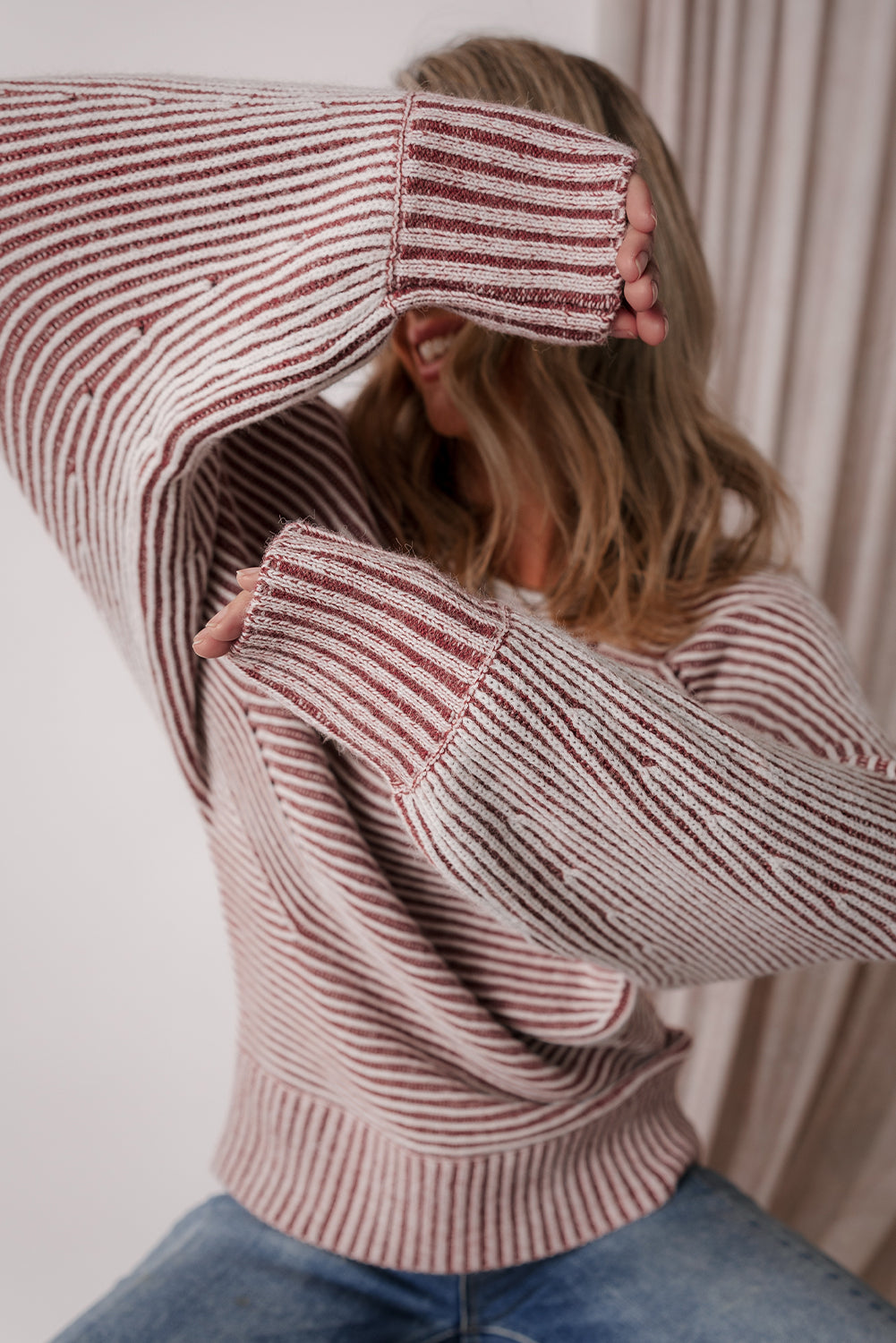 Red Dahlia Striped Print Ribbed Knit Boat Neck Baggy Sweater