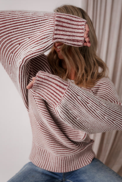 Red Dahlia Striped Print Ribbed Knit Boat Neck Baggy Sweater