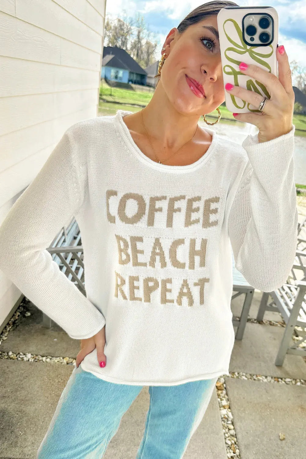 White COFFEE BEACH REPEAT Graphic Sweater - Chic Meadow Boutique 