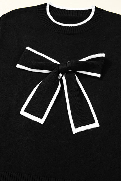 Black Contrast Trim Big Bow Accent Holiday Cropped Sweater