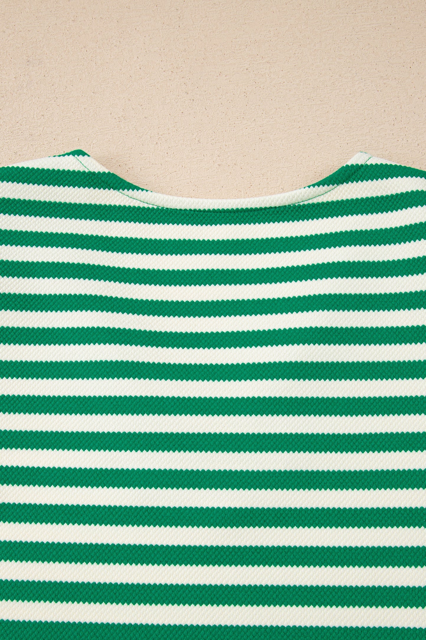 Green Stripe Puff Short Sleeve Patchwork V Neck Blouse
