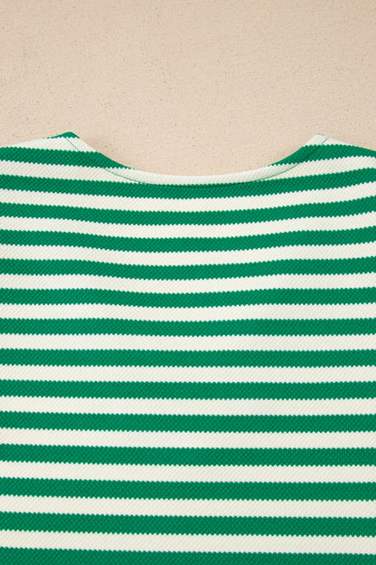 Green Stripe Puff Short Sleeve Patchwork V Neck Blouse