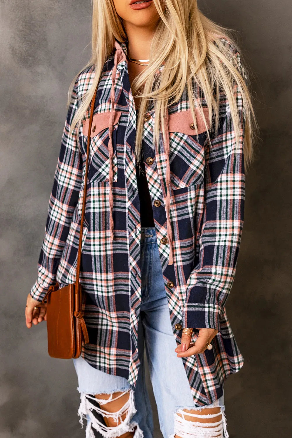 Pink Contrast Hooded Drawstring Plaid Shacket - Chic Meadow Boutique 