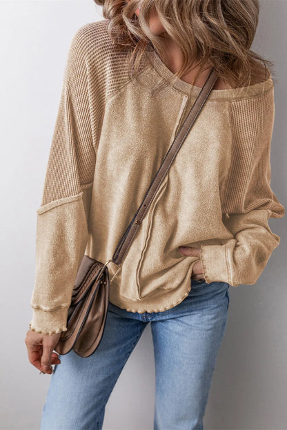 Light French Beige Waffle Knit Patchwork Exposed Seam Raglan Sweatshirt - Chic Meadow Boutique 