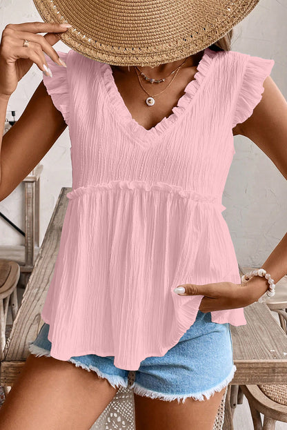 Light Pink Textured Ruffled Trim V Neck Flutter Flowy Top