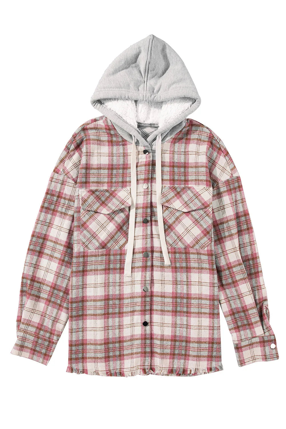 Multicolour Plaid Flap Pocket Hooded Raw Hem Jacket - Chic Meadow Boutique 