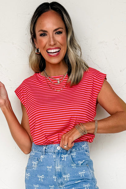 Red Stripe Ribbed Cap Sleeve Round Neck T Shirt