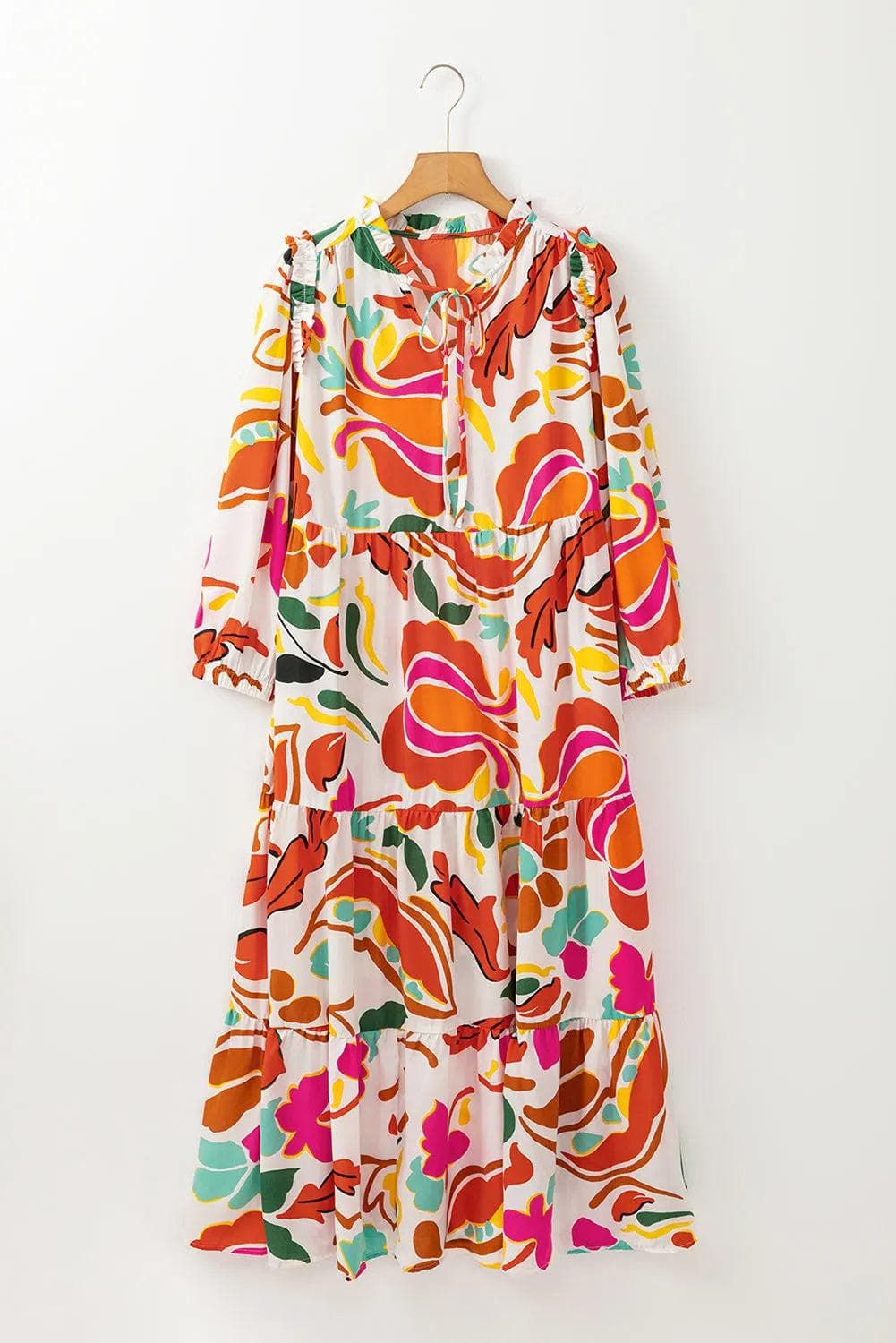 Dresses/Maxi Dresses Orange / S / 100%Polyester Orange Floral Print Split V Neck Tiered Maxi Dress