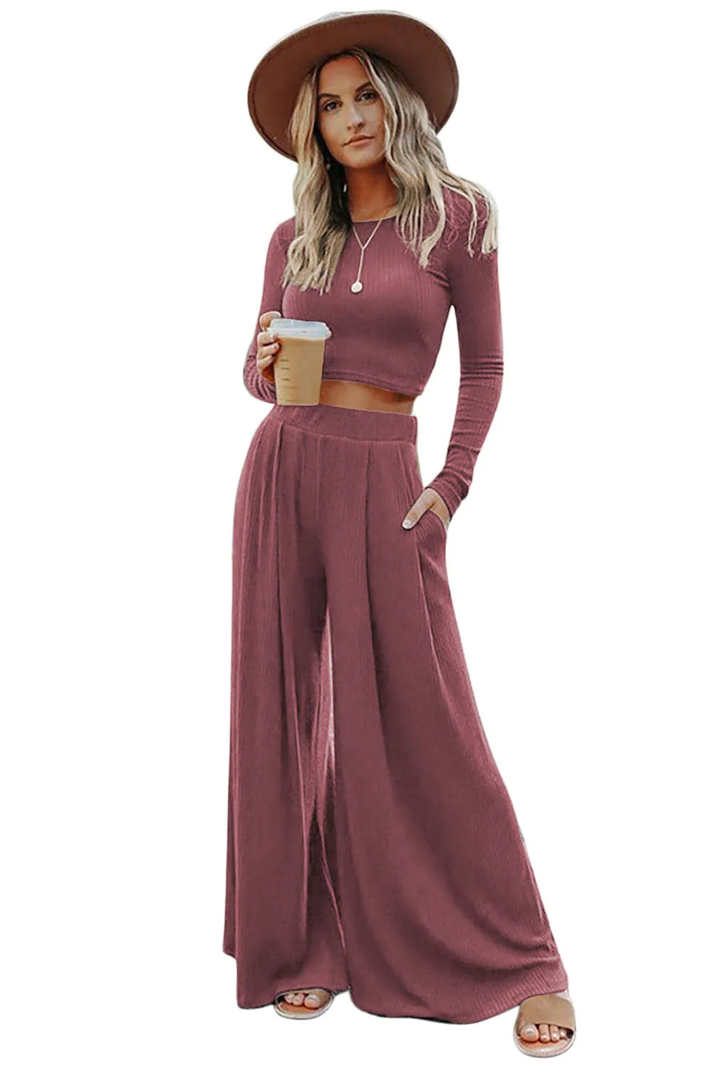 Solid Color Ribbed Crop Top Long Pants Set - Chic Meadow Boutique 