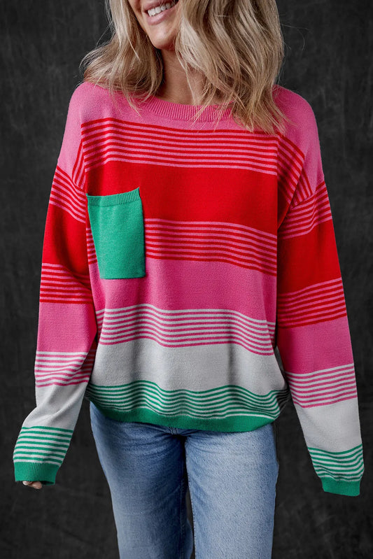 Rose Striped Knit Patch Pocket Drop Shoulder Sweater - Chic Meadow Boutique 