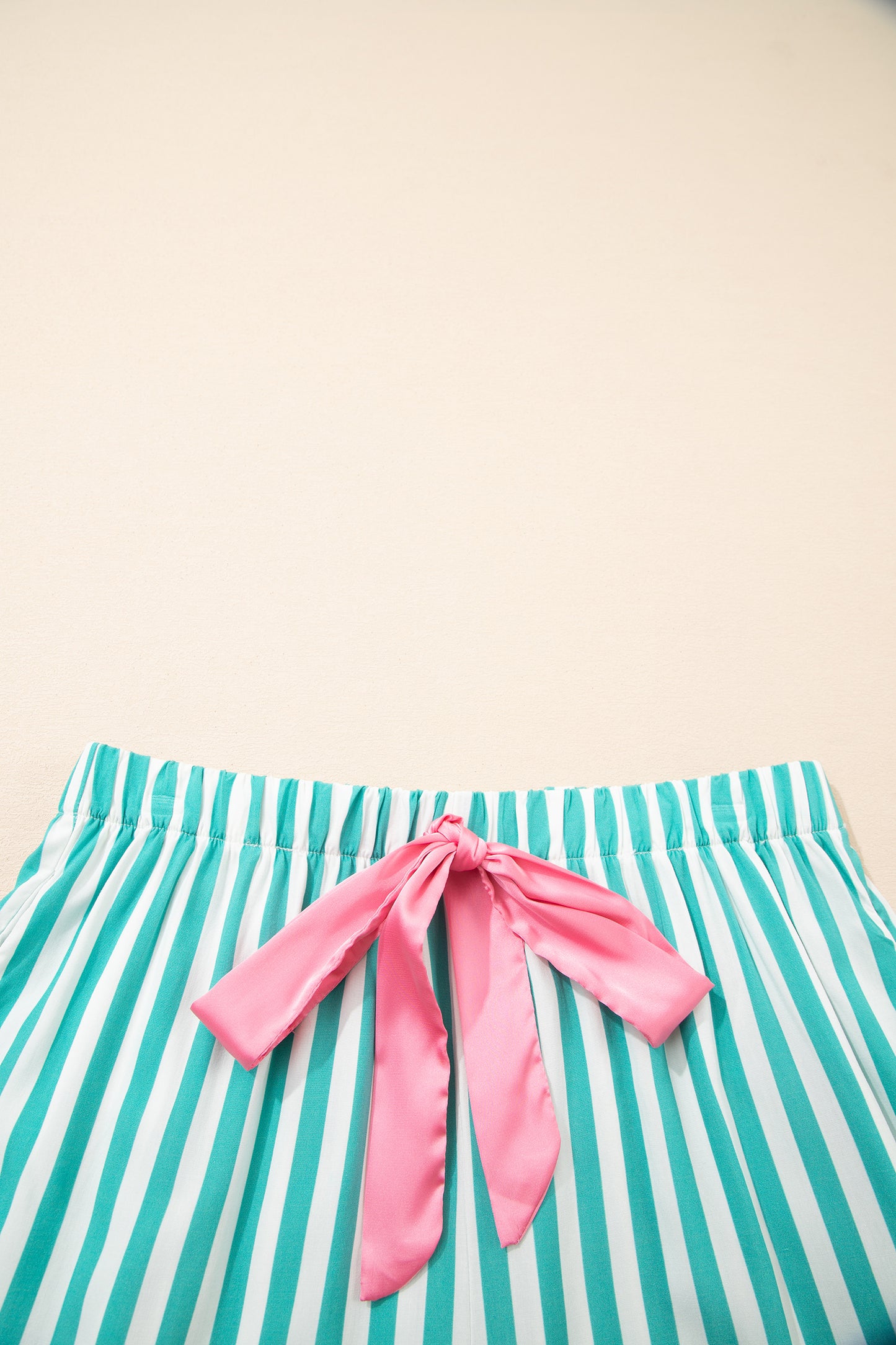 Green Stripe Contrast Ricrac Trim Long Sleeve Shirt Drawstring Ruffled Pajama Short Set