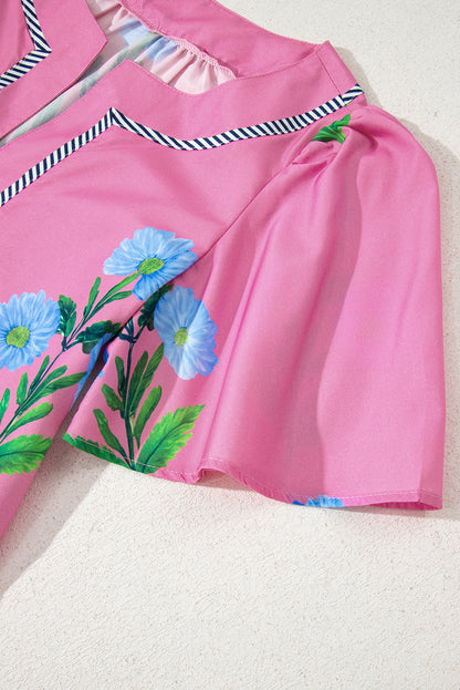 Rose Floral Short Sleeve Split Neck Loose Mini Dress