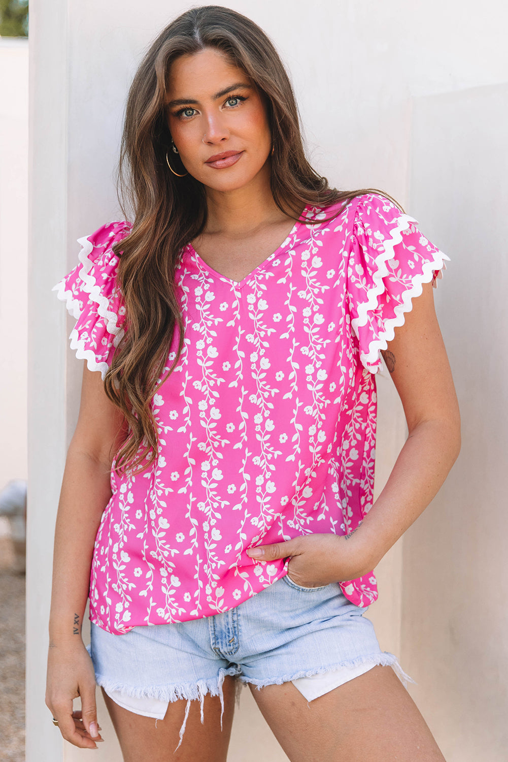 Pink Floral Print Ric-rac Tiered Ruffled V Neck Blouse
