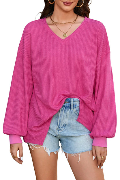 Bright Pink Waffle V Neck Long Sleeve Drop Shoulder Loose Blouse - Chic Meadow Boutique 