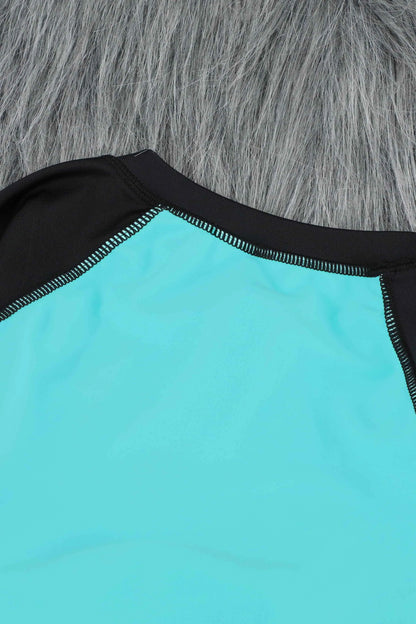 Blue Color Block Zipper Long Sleeve Rash Guard Swimwear - Chic Meadow Boutique 