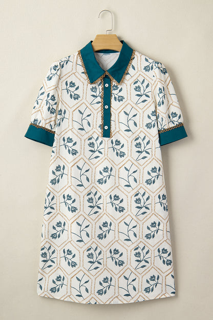 Blue Geometric Floral Print Lace Trim Collared Short Sleeve Mini Dress
