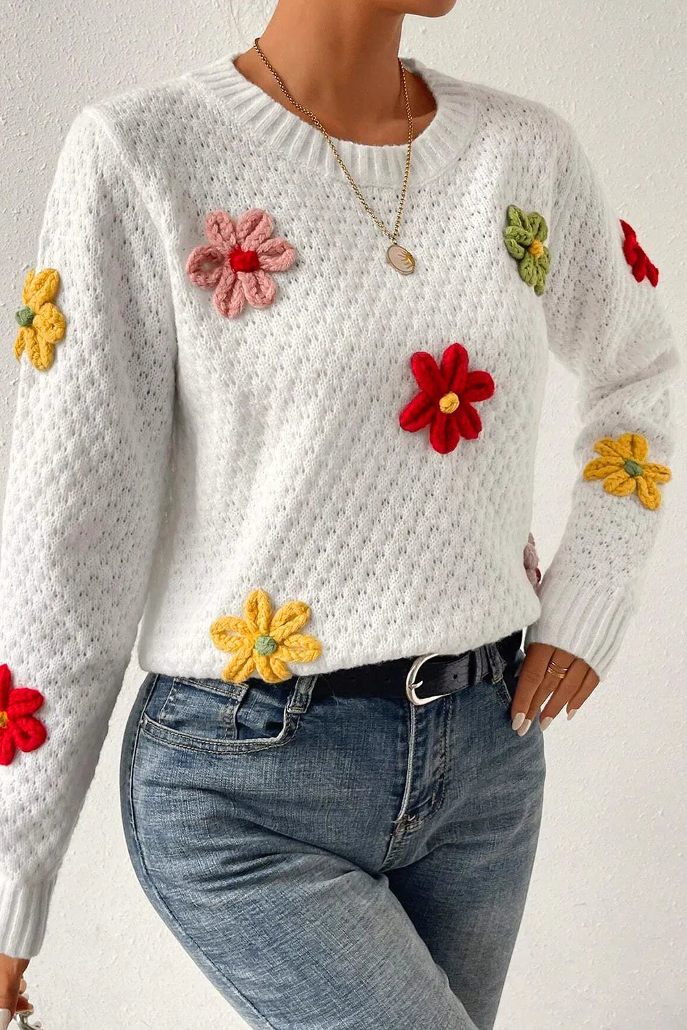 Sweaters & Cardigans/Sweaters White Colorful Flower Applique Textured Knit Sweater