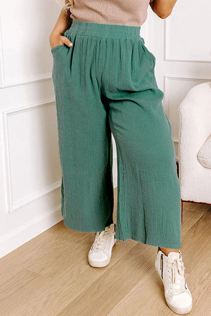 Smoke Green Plus Size Textured Frayed Edge Wide Leg Pants - Chic Meadow Boutique 