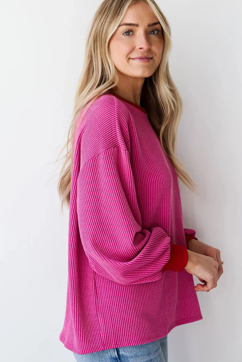 Bright Pink Corded Contrast Edge Drop Shoulder Long Sleeve Top - Chic Meadow Boutique 