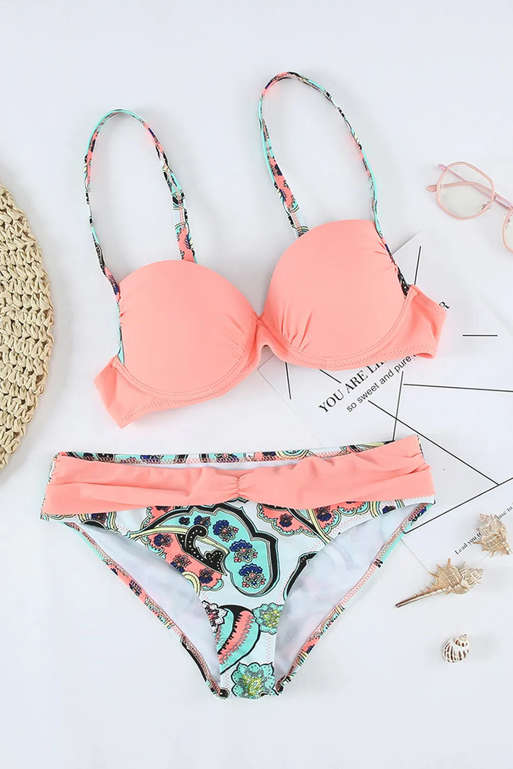 Sexy Pink Padded Gather Push-up Bikini Set - Chic Meadow Boutique 