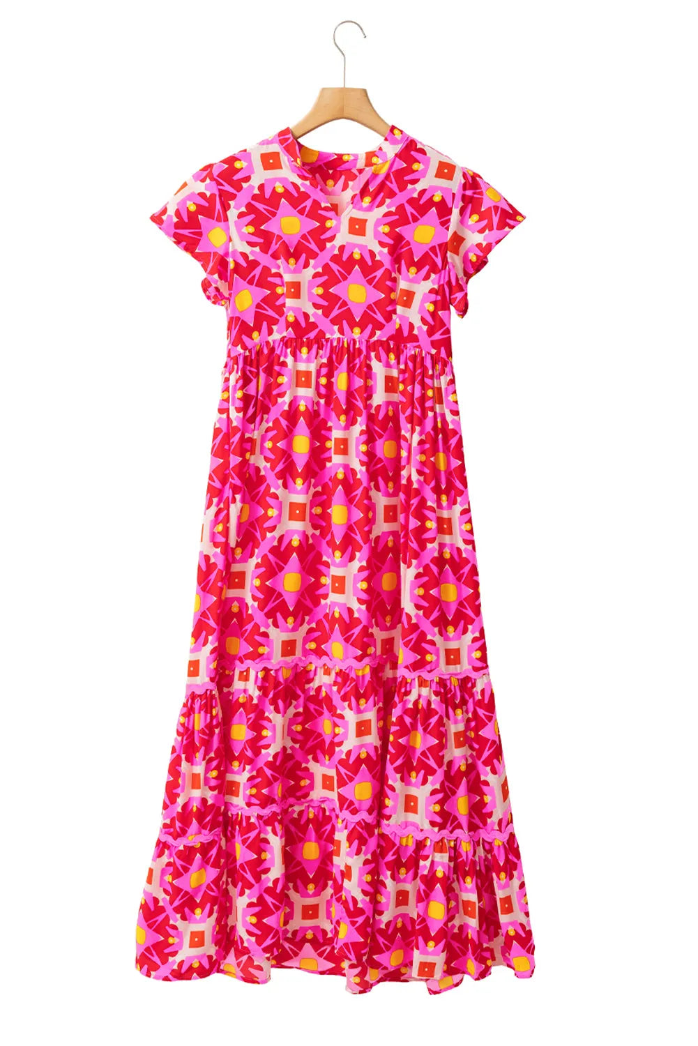 Strawberry Pink Geo Print V-neck Maxi Dress - Chic Meadow Boutique 