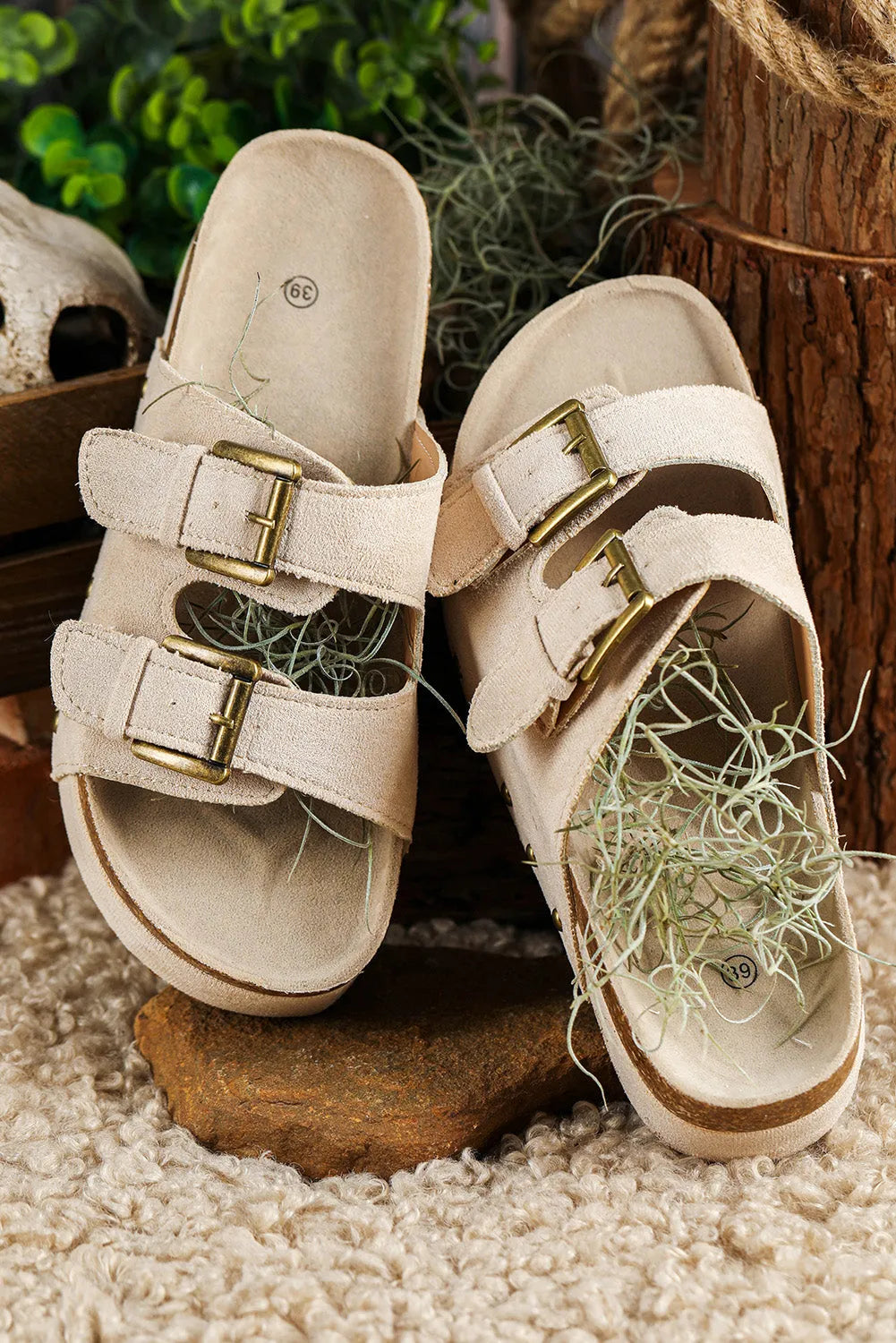 Beige Suede Buckle Decor Footbed Sandal Slippers - Chic Meadow Boutique 