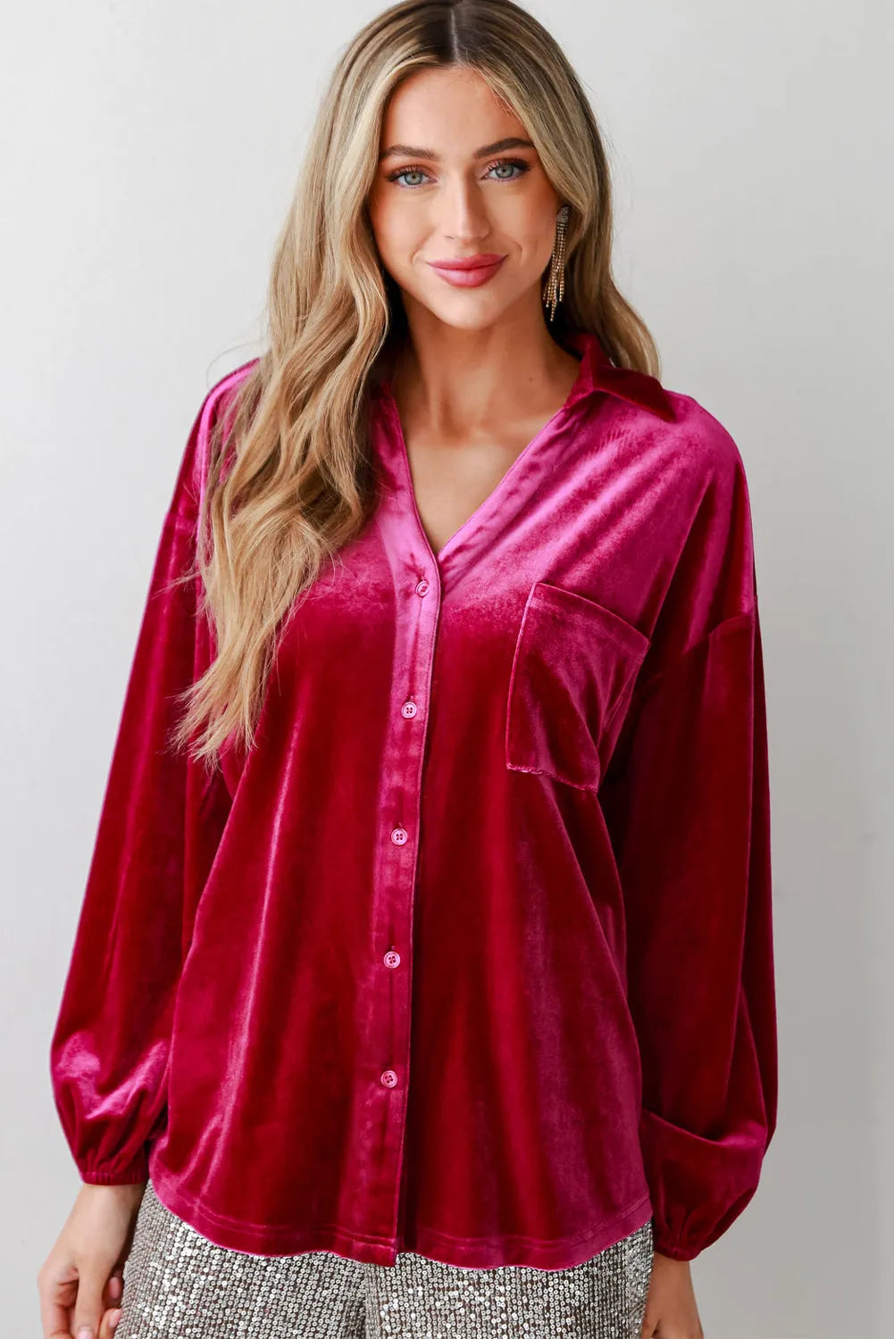 Pitaya Pink Buttoned V Neck Chest Pocket Velvet Shirt - Chic Meadow Boutique 