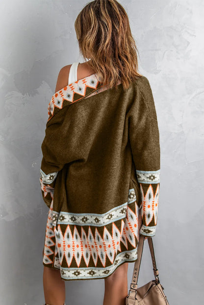 Brown Aztec Print Open Front Knitted Cardigan - Chic Meadow Boutique 